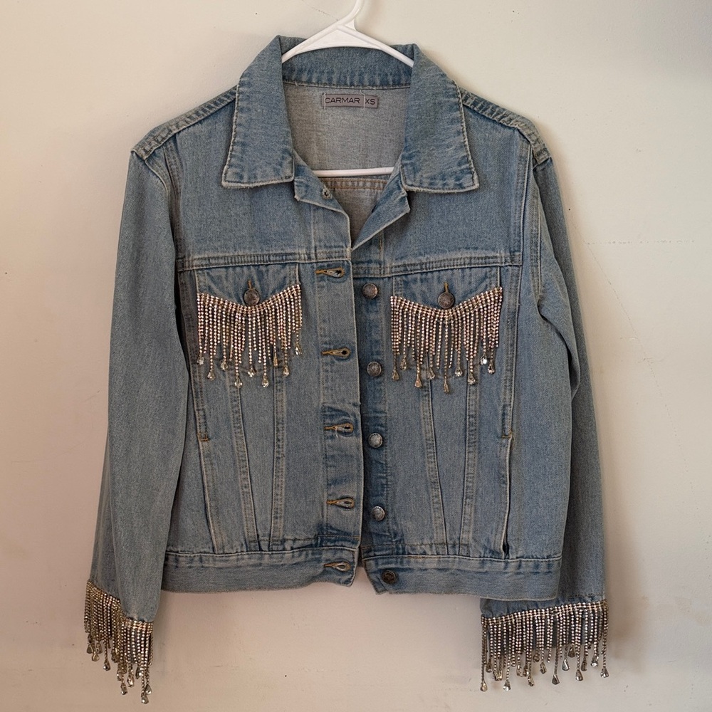 AUTHENTIC Carmar Embellished Denim Jacket with Rhinestone Fringe
